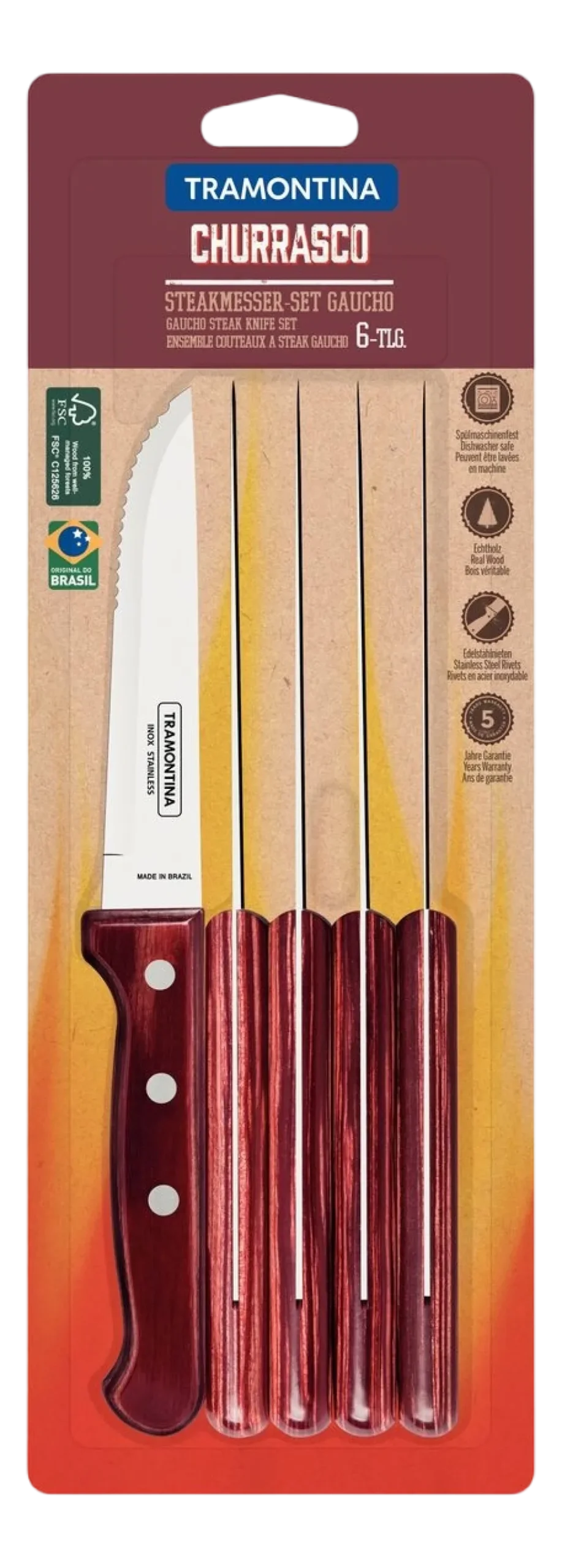 Steakmessen Tramontina Gaucho Rood (Set van 6)